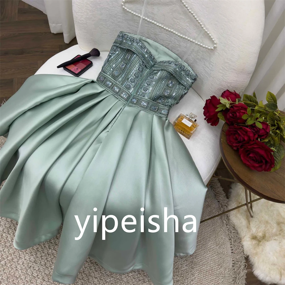Customized Sparkle Prom Sexy Casual Strapless A-line Party Dress Beading Draped Anke length Charmeuse Evening