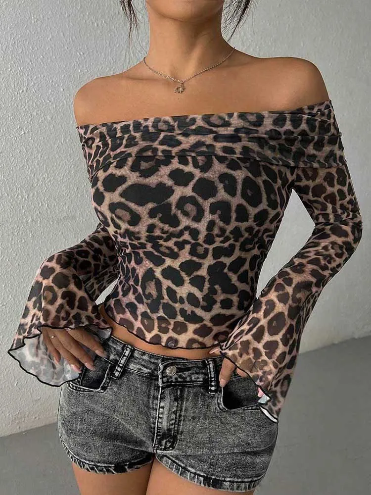 Herbst frauen T-shirt Neue Streetwear Fashion Lange Ärmel Oansatz Tees Sexy Leopard Backless Weibliche Vielseitige Gestrickte Kleidung
