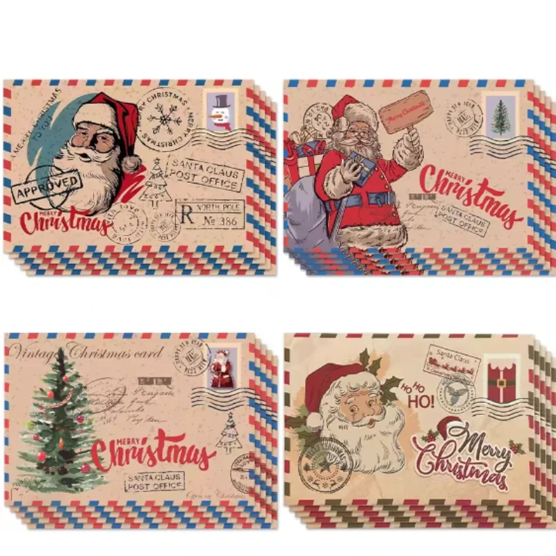 

Vintage Kraft Paper Christmas Greeting Card Cute Cartoon Santa Claus Gift Folding Card Blessing Message Card With Envelope