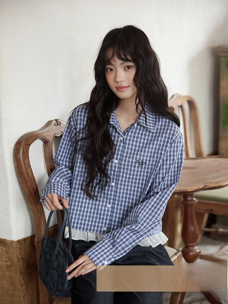 

Синяя клетчатая женская одежда в Корейском стиле, свободная посадка, длинный воротник-свеч, повседневная одежда на пуговицах, маленький дизайн, модная одежда