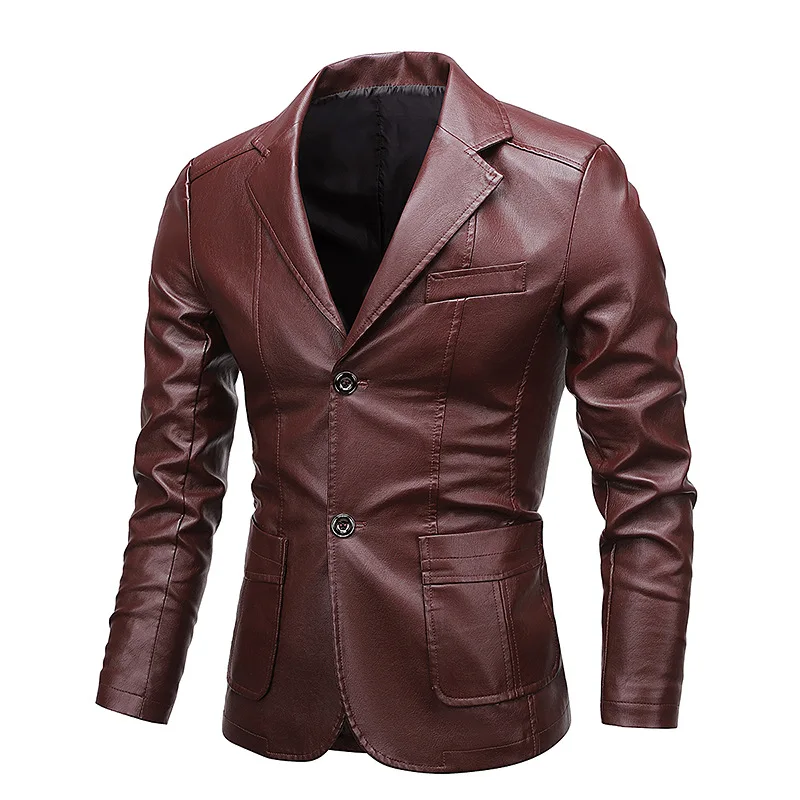 

Red Wine Color Slim Fit Leather Jaet with Two Buttons Nightclub Casual Outerwear for Men Autumn Season Long Sve PU Leather