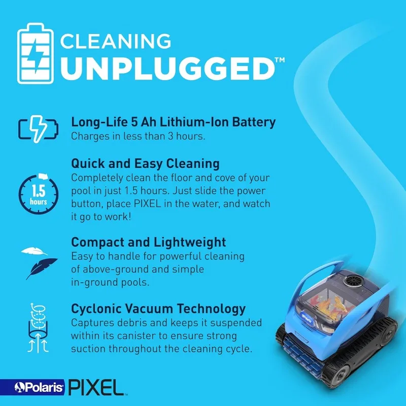 Pixel Compact Cordless Robotic Pool Cleaner for Above-Ground & In-Ground Pools up to 30ft, Long Lasting Battery, Compact