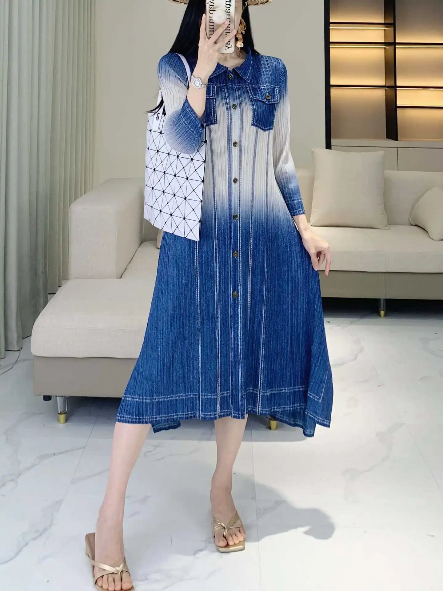 

Miyake Style Pleated Print Long Dress Women Lapel Single Breasted A Line Full Sleeve New Vintage Style Female Fashion Dresses