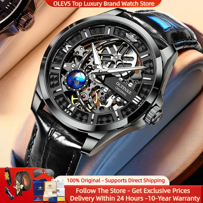 

OUPINKE Top Brand Luxury Men's Watches Hollow Out Automatic Mechanical Original Watch for Man Rotating Earth Second Hand Fashion