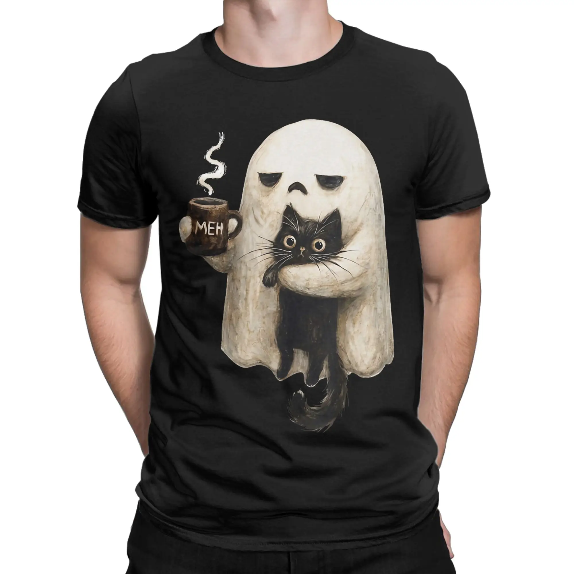 Harajuku T Shirt Retro Funny Boojee Ghost Holding Black Cat Cozy Hot Latte Popular T Shirts  for Male Short Sleeve Top Tees