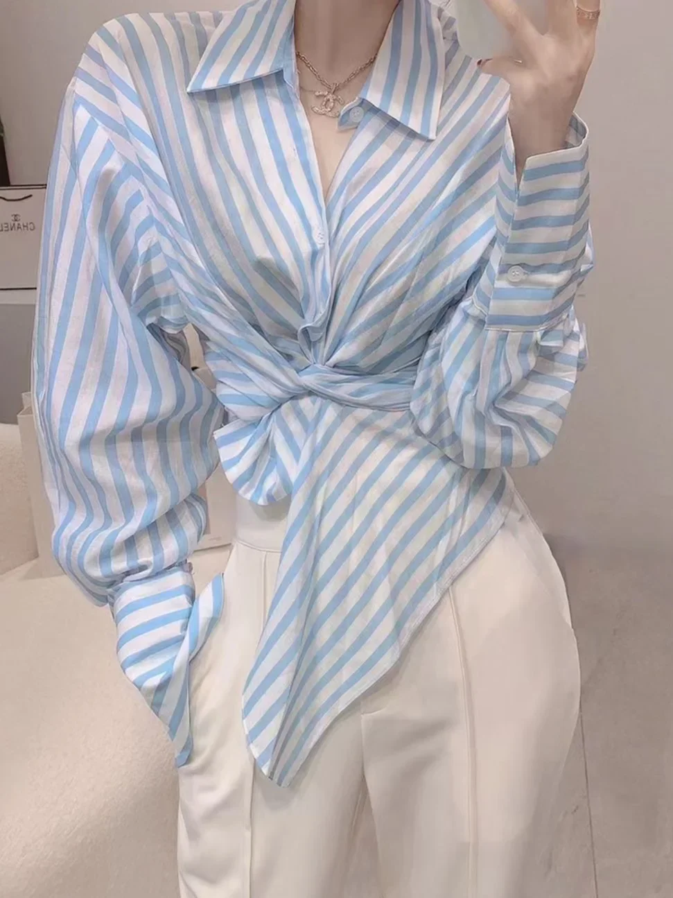 Trousers Woman Office Wide Leg Shirt Spring Autumn Professional Baggy Stripe Blouse and Pant Sets for Women 2 Pieces Co Ord Full