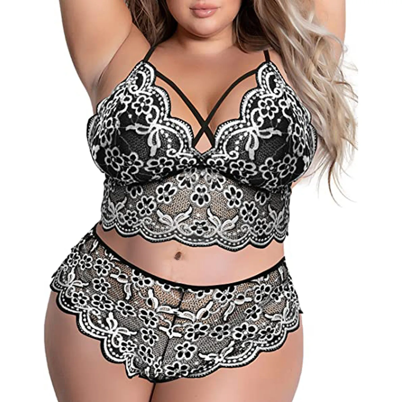 

Sexy Lingerie feminina cueca set Large Size Calcinha Plus Size Bra Set Sexy Lingerie Set 2 Piece Criss Cross Lace Bra and Brief