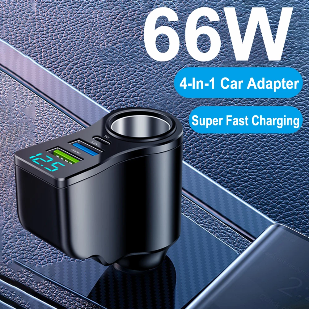 

4 in 1 66W Car Charger Super Fast Charging Adapter with Voltage Digital Display 12V/24V Dual USB Ports For iPhone Huawei