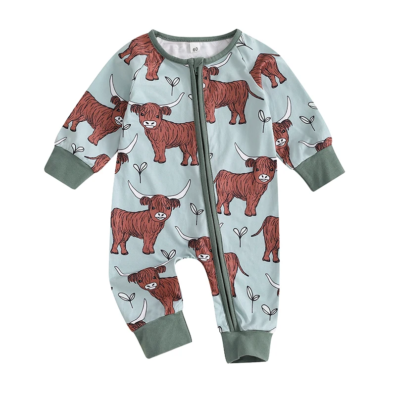

Baby Girl Boy Western Romper Cattle Print Round Neck Long Sleeve Zip-Up Full Length Jumpsuit for Fall