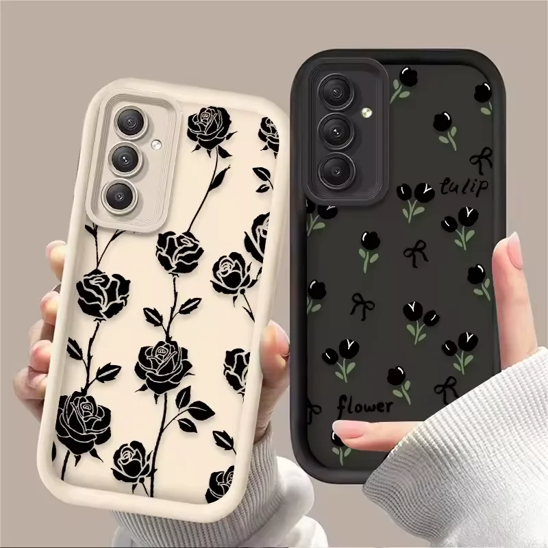 Luxury Cold Hearted Black Flower  Phone Case For Samsung S24ultra 5G A14 15 S21 22 23 A 25 35 52 53 54 55 S24Plus Y2K Phone Case