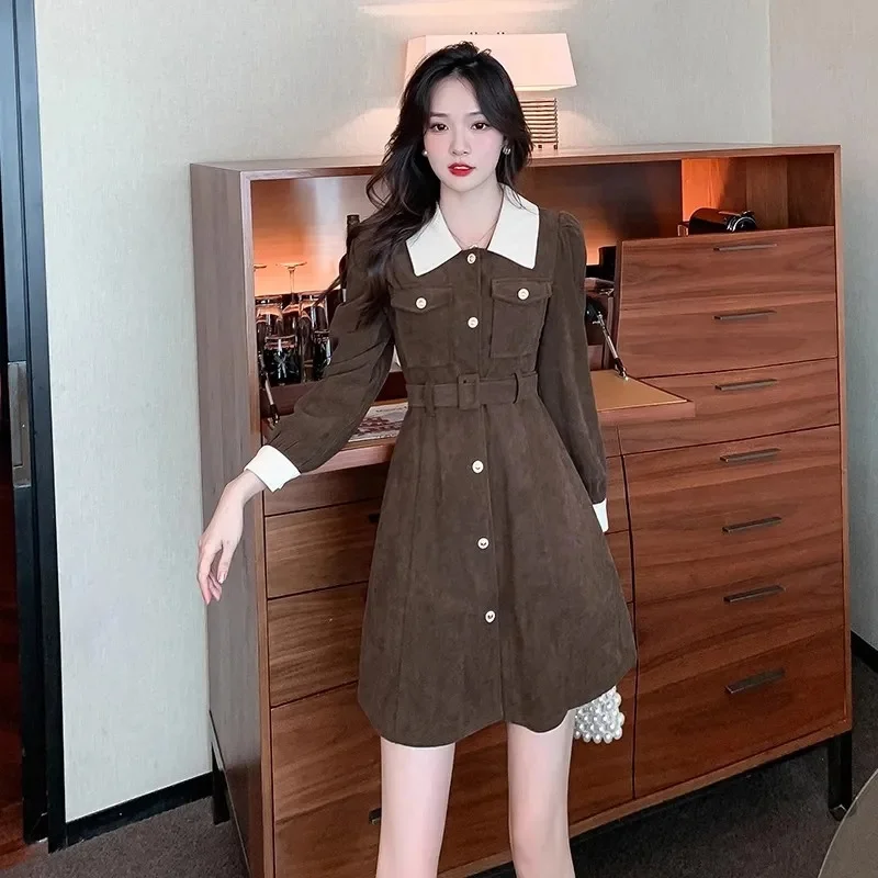 High-Grade Ladies Corduroy Maxi Dress Spring Autumn Women Color Collision Vestidos Retro Feminine Doll Collar Long Dresses