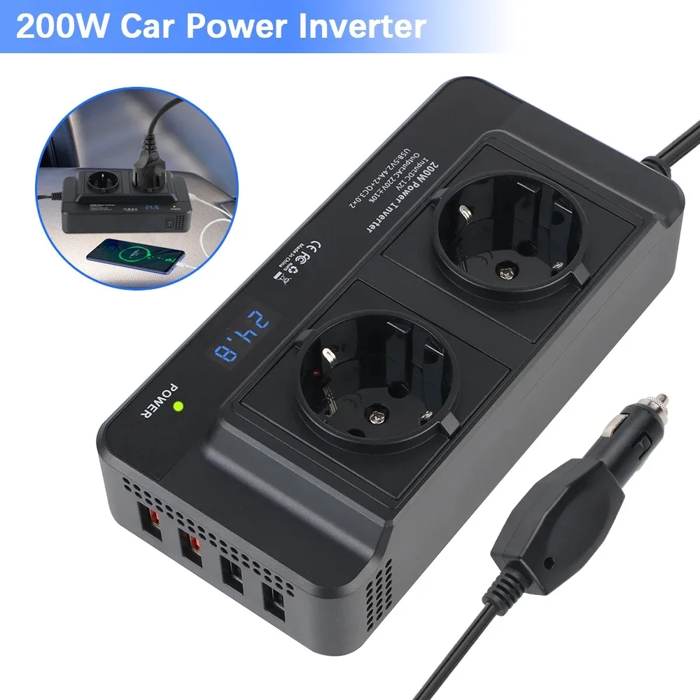 

Автомобильный инвертор 200 Вт (пиковая мощность) DC-AC 12В-220В с 4 USB-портами и разъемом для прикуривателя, встраиваемый, с розеткой EU
