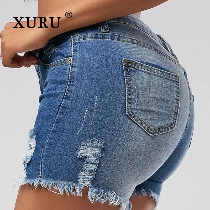 

XURU - New Women's Y2k Clothing with Ripped Horse Chestnut Fringe Denim Shorts, Luxurious Designer Women's Short Jeans