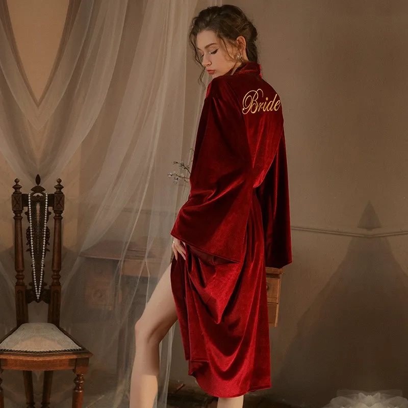 New Bride Bridesmaid Velour Robe With Letters Casual Women Water sleeve Dressing Gown Sexy Wedding Gift Bathrobe Kimono Robes