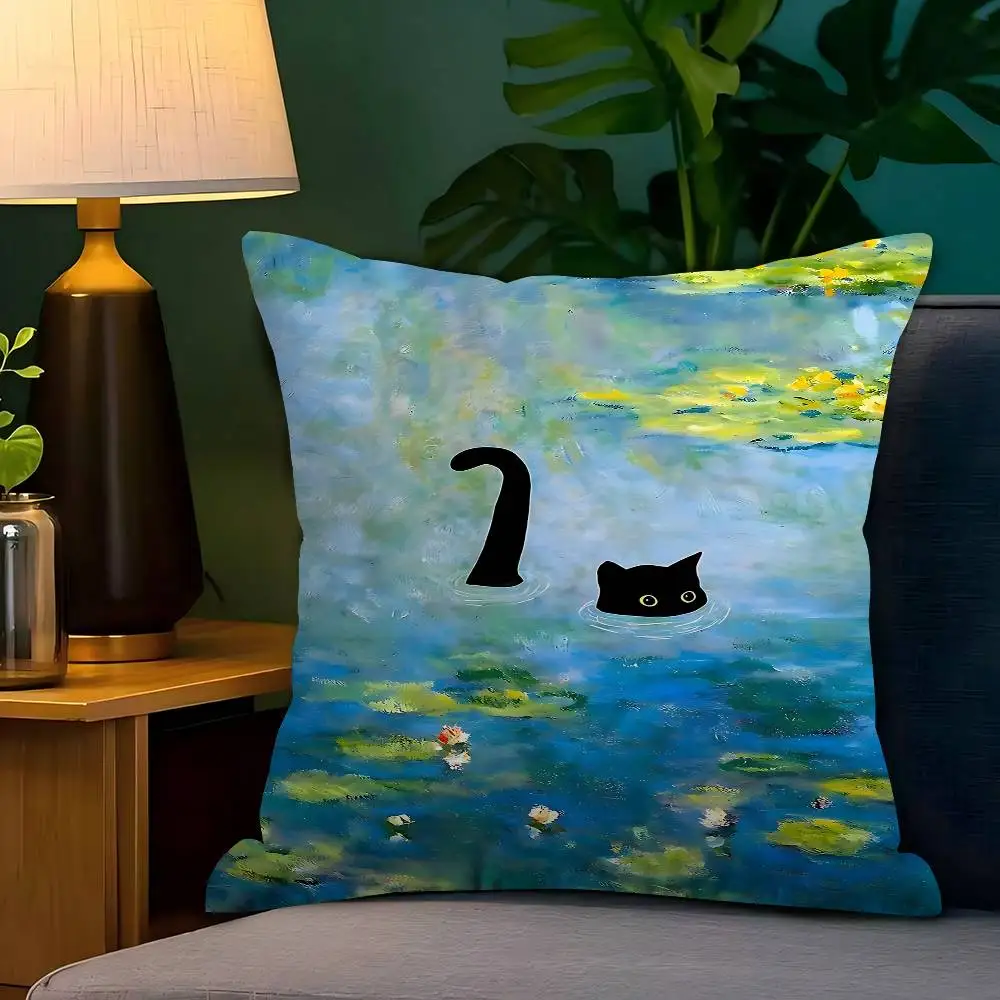 Claude Monet Interesting Cute Black Cat Cushion Cover Car Th