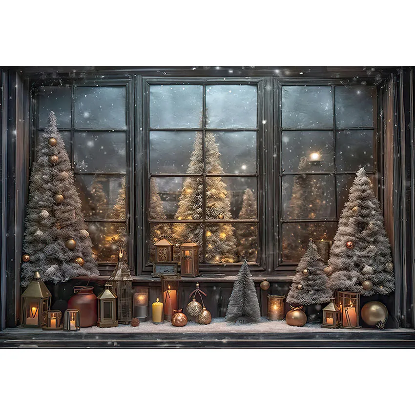 Mehofond Christmas Decor Backdrop Tree Window Door Snow Indoor Kids Portrait Photography Background Photo Studio Photobooth Prop