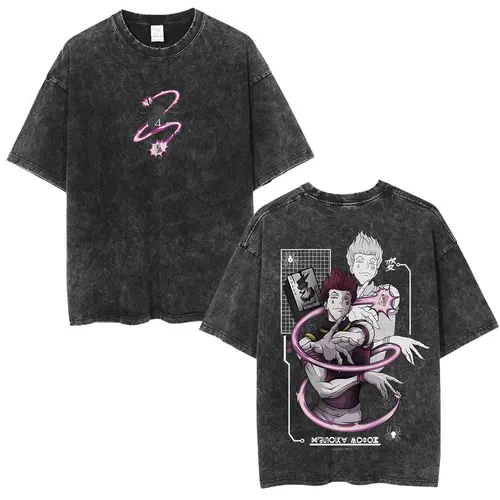 Imagen 1 del producto Camisetas lavadas de Anime Hunter X Hunter Phantom Troupe, camisetas con estampado gráfico Hisoka, ropa para hombres y mujeres, camiseta de algodón de gran tamaño