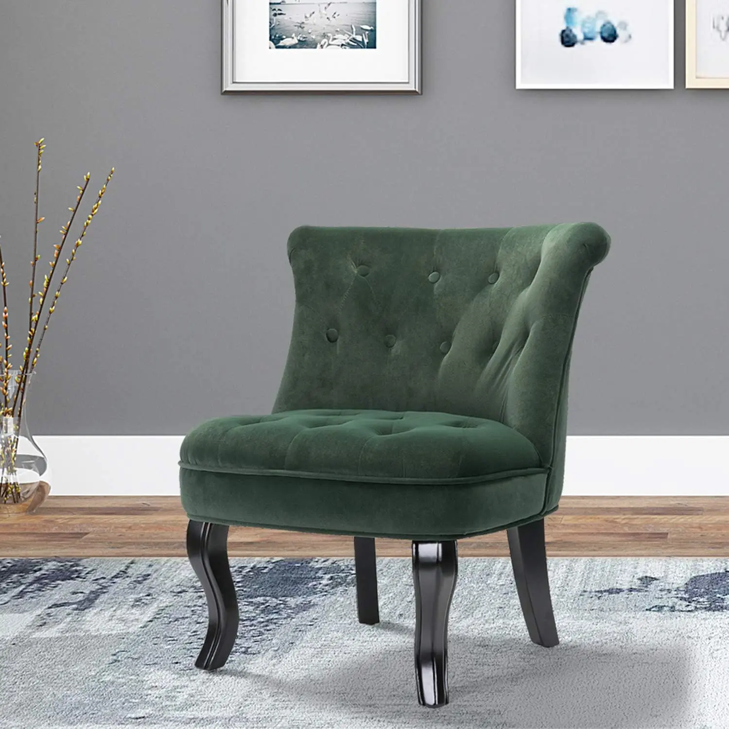 Modern Velvet Armless Accent Chairs,Upholstered Fabric Button Single Sofa Chair With Wooden Legs For Living Room,Comfy Tufted