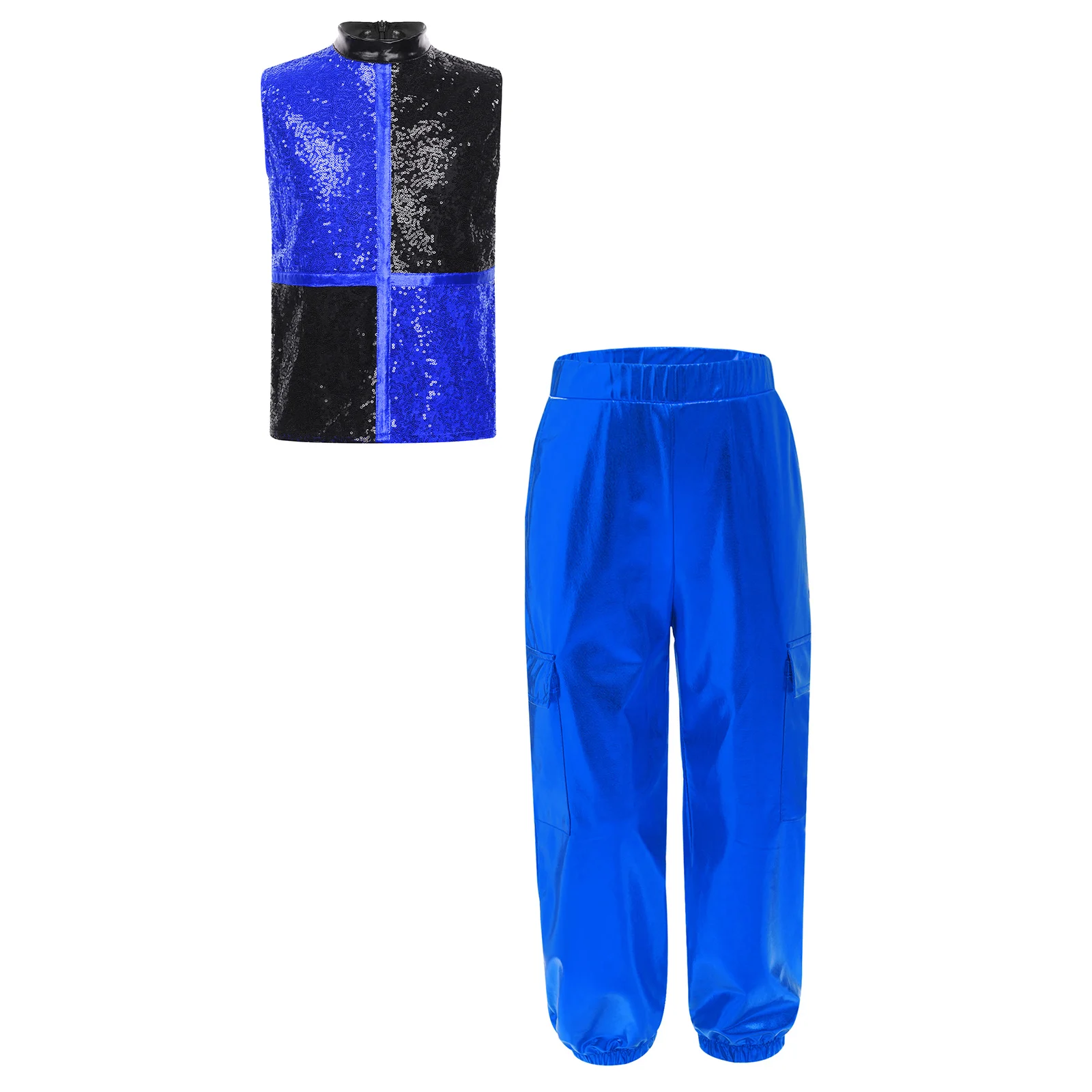 

Kids Boys Shiny Street Jazz Dance Costumes Metallic Modern Dancing Team Clothes Sleeveless Sequins Zipper Vest with Cargo Pants