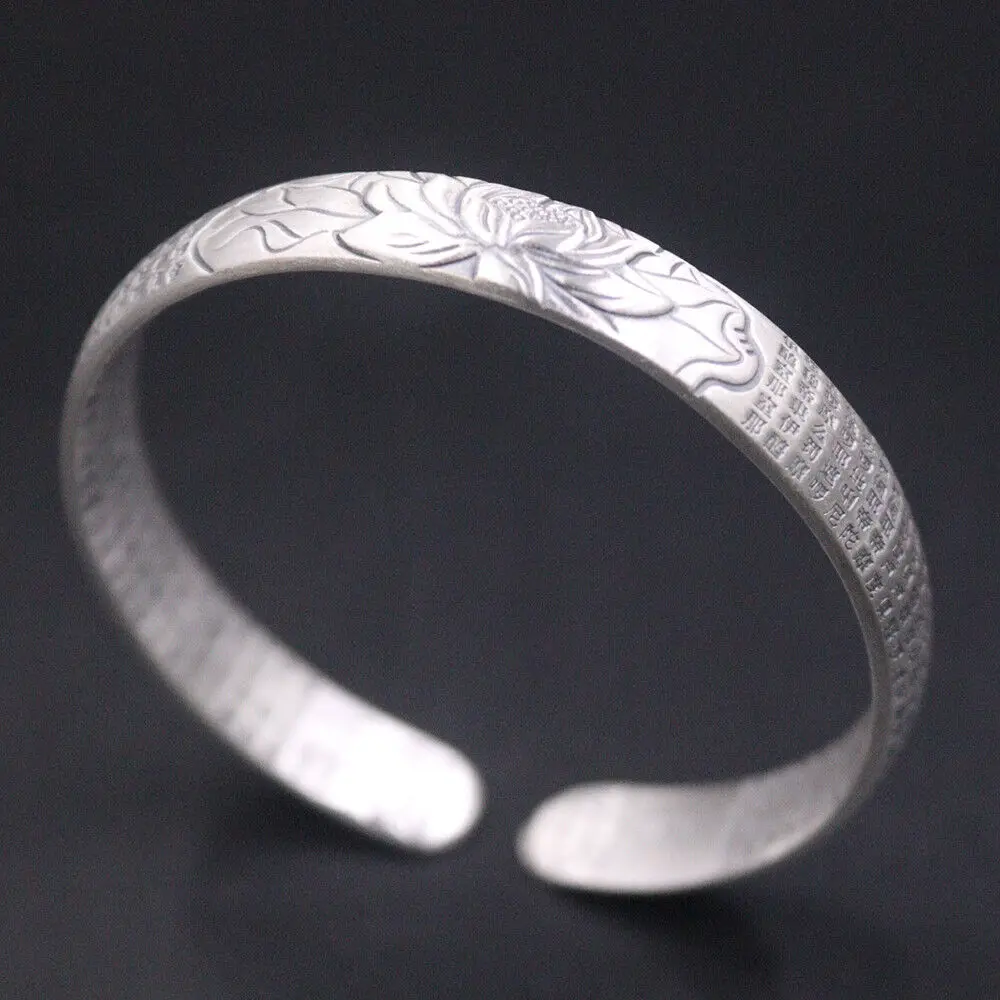 Solid 999 Fine Silver Lotus With Buddhist Heart Sutra Cuff Bangle Dia. 2.36inch