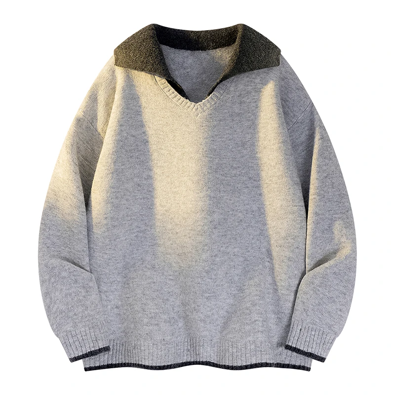 

Fake Two-Piece Design Gray Lapel V-Neck Sweater, Soft and Cozy Knit Texture, Men's Autumn and Winter Niche Style