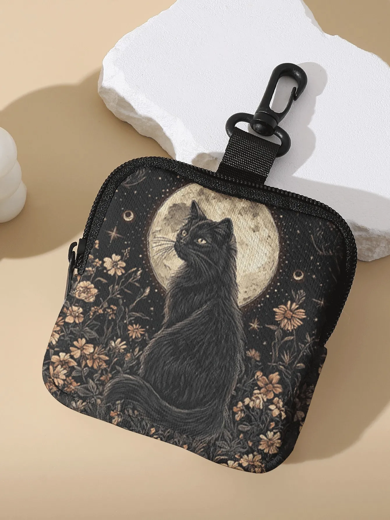 1pc, Portable coin purse with black cat full moon wildflower vintage patterns, small storage bag for coins and small accessories