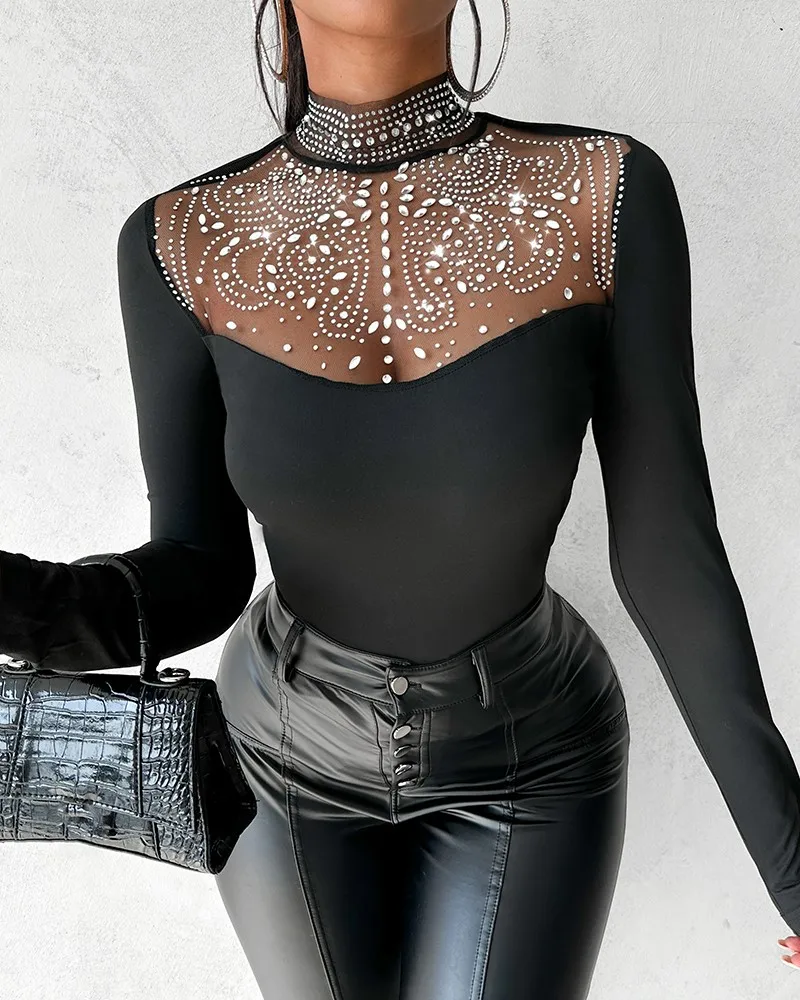 Sexy Rhinestone Decor Tee Women Tops See Through Contrast Mesh Long Sleeve Top Black Vintage T-Shirts Female y2k Clothes