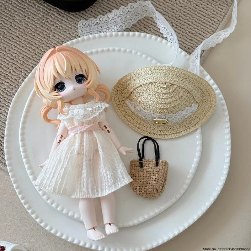 Lace Dress Set for Bunny Dream Box BJD, OB24 17cm Clothes with Straw Hat Bag Shoes, Cosplay Outfit (Doll Not Included) - view 5