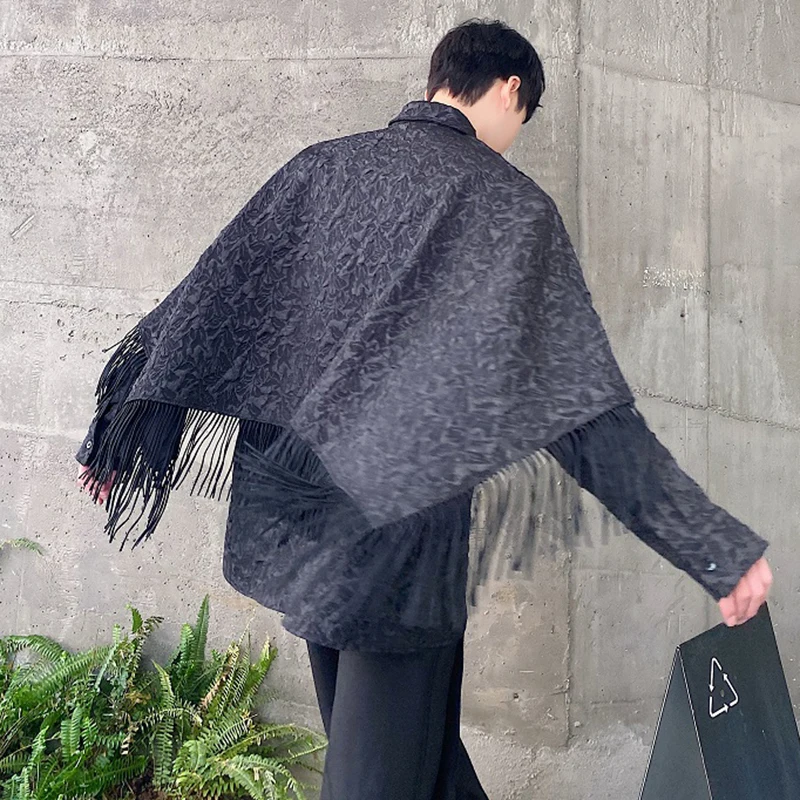 LUZHEN Fashion Jacquard Tassel Decorate Patchwork Cloak Design Long Sleeved Shirt Trendy Men's Chinese Style Outwear LZ7860