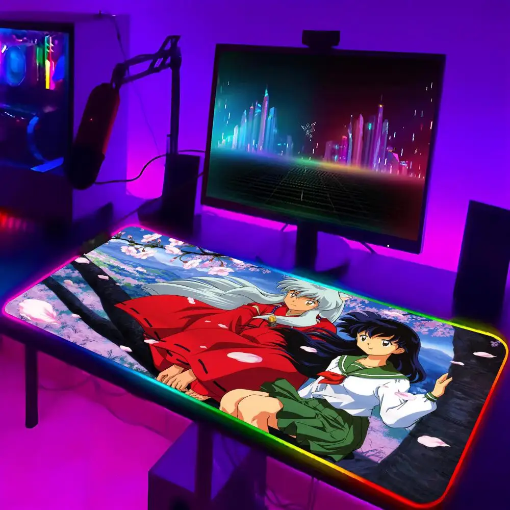 Inuyasha Mouse Pad Xxl Laptop Mat Gaming Rgb Mousepad Backlit Keyboard Gamer Anime Girl Table Pads Deskpad