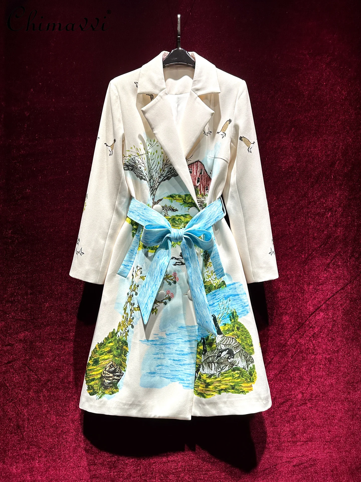 ハイエンドファッションプリントミッドレングスレースアップトレンチコート女性秋ウエストシェイプターンダウンカラーロングスリーブエレガントコート