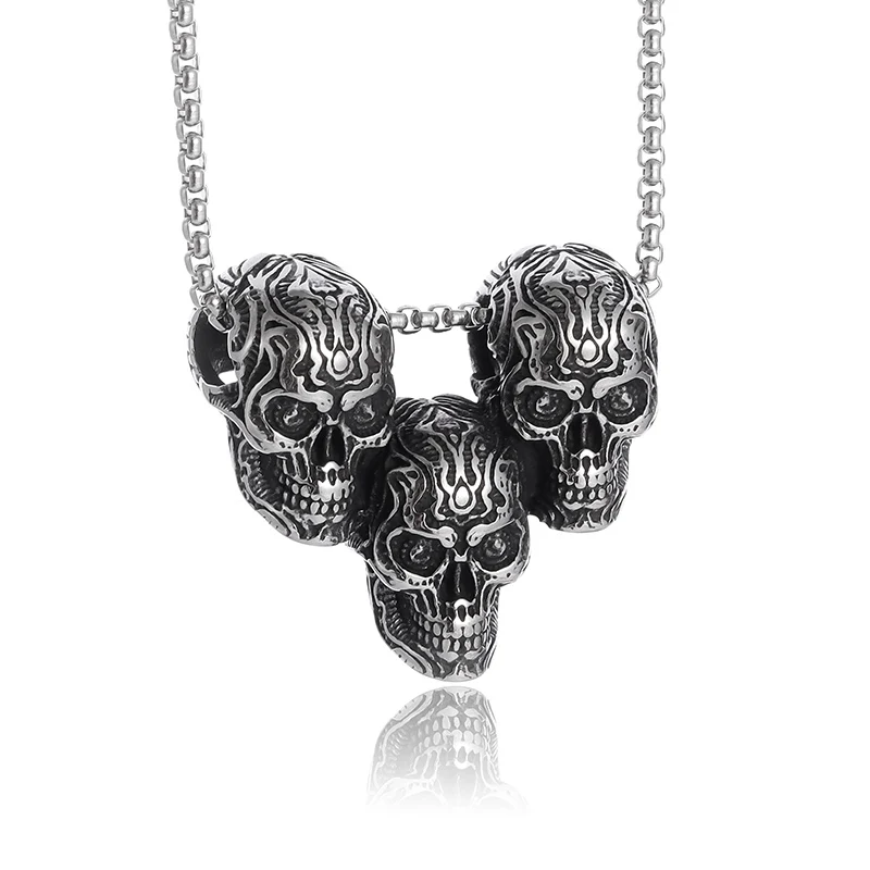 Gothic Three Ghost Heads Pendant Hell Demon Skull Necklace Men's Punk Moto Rock Jewelry Halloween Gift