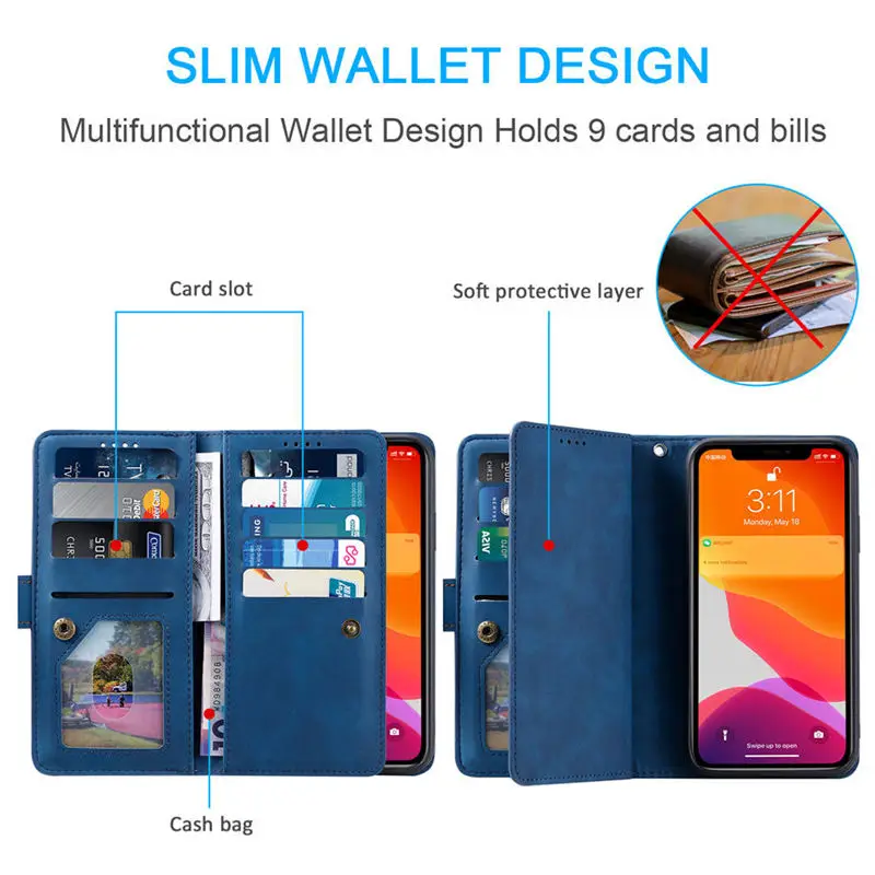 Flip Case For OnePlus 15R 12 11 11R 10T 10R 9R 8T 10 Pro ACE 6 6T 9-Card Zipper Leather Wallet Funda One Plus Nord 4 3 2 2T Etui