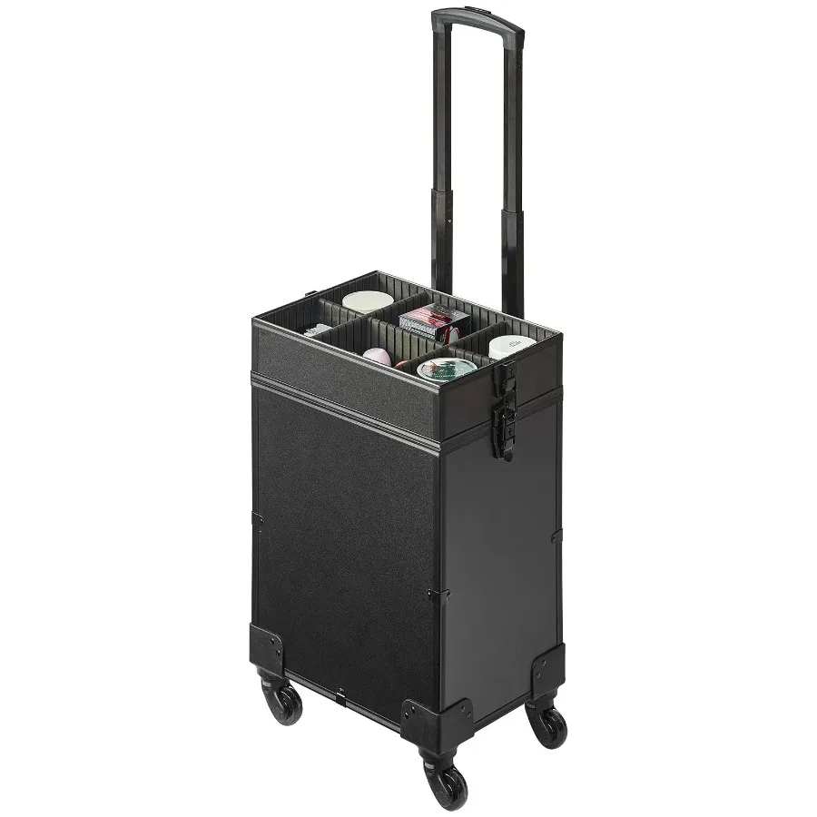 

5 in 1 Professional Makeup Train Case Aluminum Cosmetic Case Rolling Makeup Case Extra Large Trolley Makeup Travel Organizer w