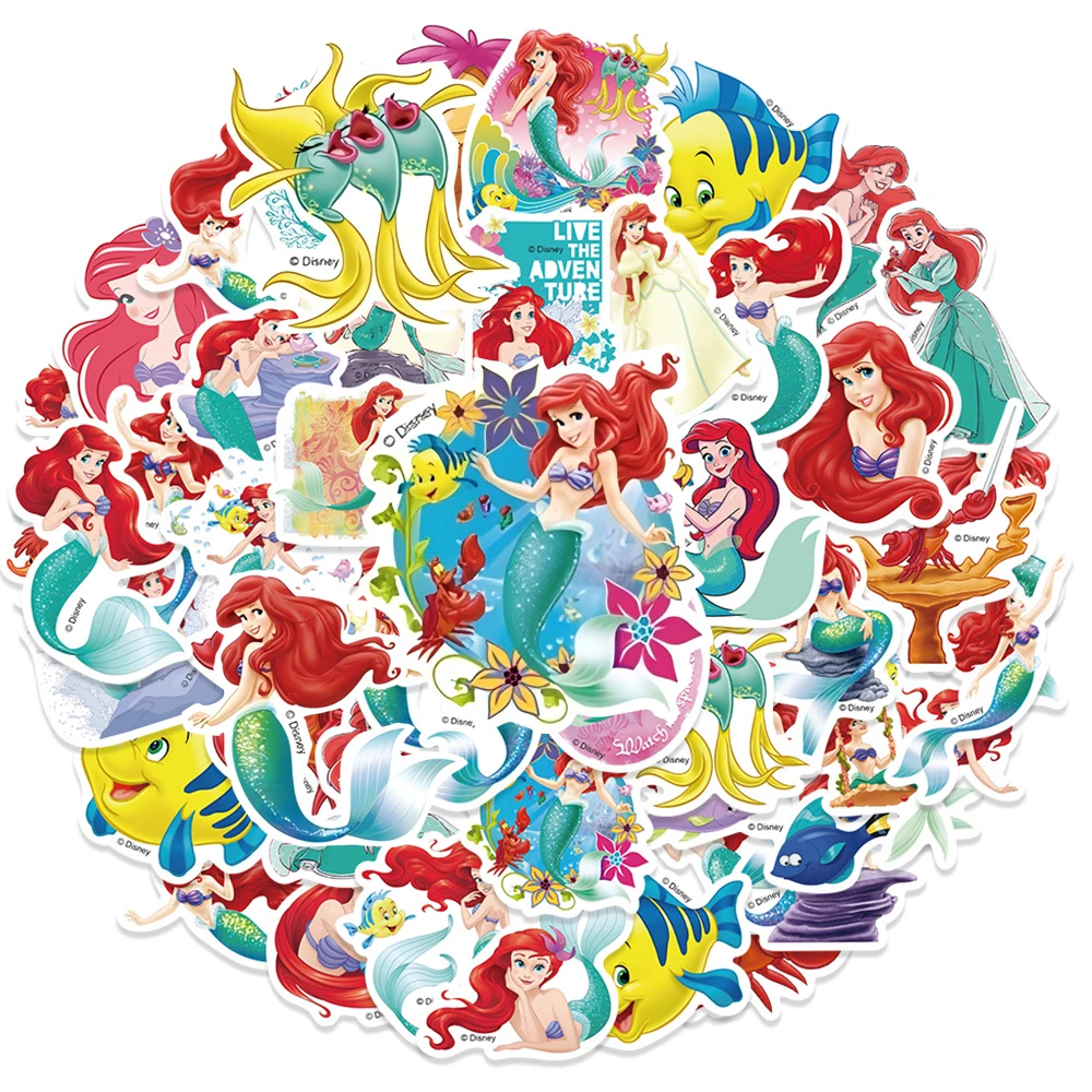 50 Stück Niedliche Disney-Cartoon-Aufkleber „Die Kleine Meerjungfrau“, Kawaii Prinzessin Ariel Sticker, Wasserfeste Dekorative Aufkleber für Scrapbook und Handyhülle