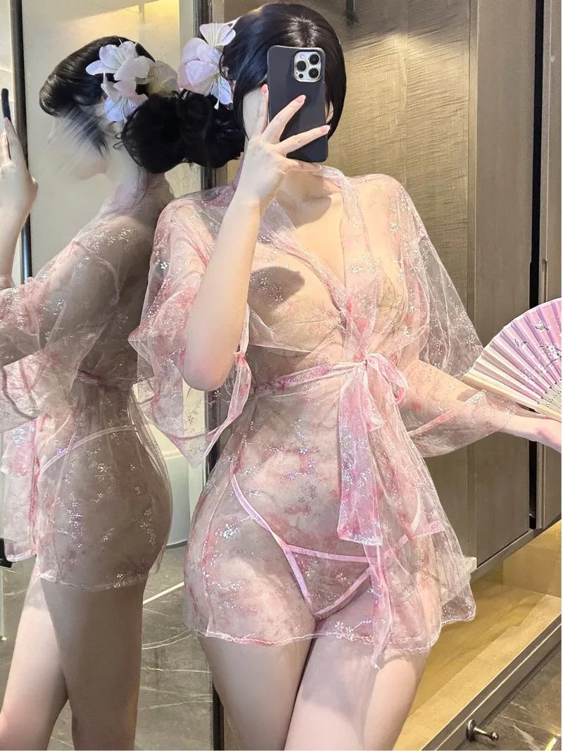 Erotic Sexy Deep V Neck Shoulder Cardigan Perspective Sheer Mesh Lace Hot Printed Kimono Bathrobe Dress Elegant Sweet Tops KHB5