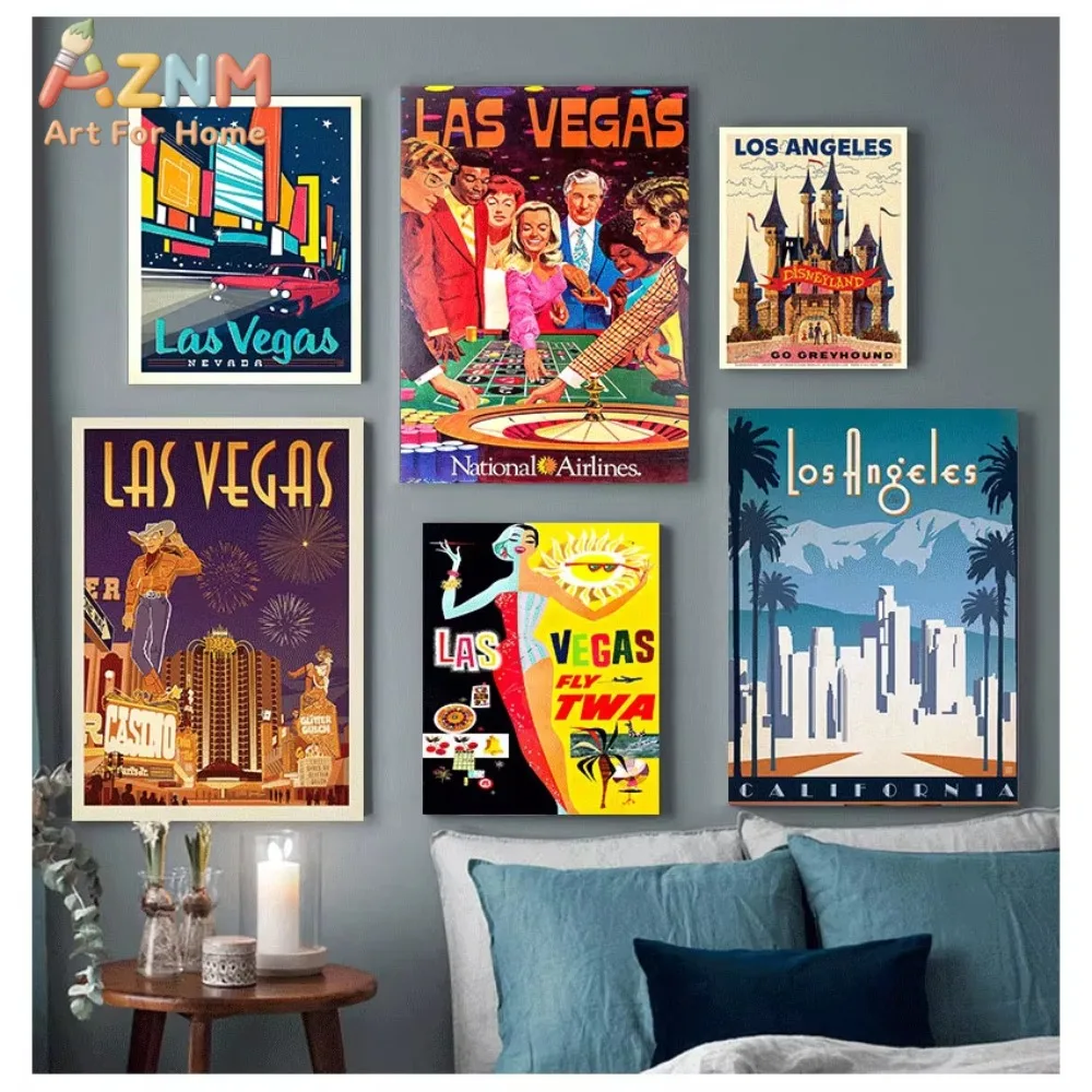 

1/6pcs oster Canvas Paintings Vintage Wall Kraft Posters Coated Stickers Home Decor Pictures Gift America Las Vegas City Travel