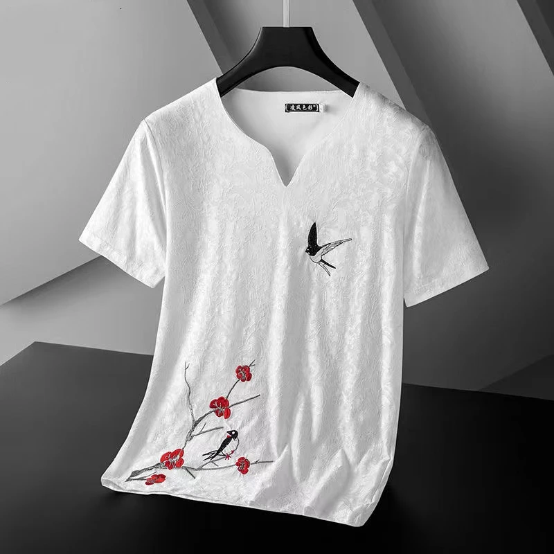 

Premium luxury plum blossom embroidery short sleeve t-shirt men's 2022 summer new trend loose large casual V-neck top