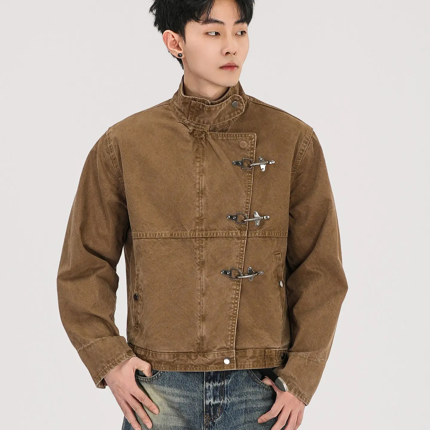 Vintage New Cargo Cropped Jacket Men's American Deconstructed Patchwork Jacket Spring Autumn Tops Metal Buttons Coats