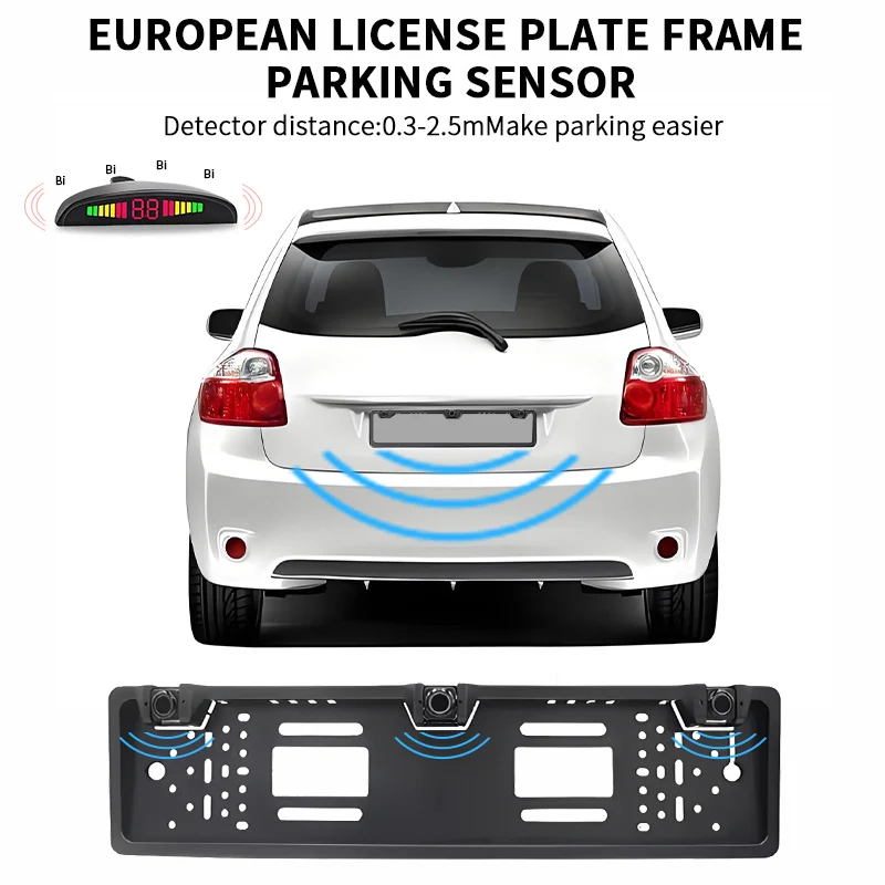 European License Plate Bracket Parking Sensor 3-Probe Reversing Radar 12V Buzzer Waterproof Probes Car Parking Assistance