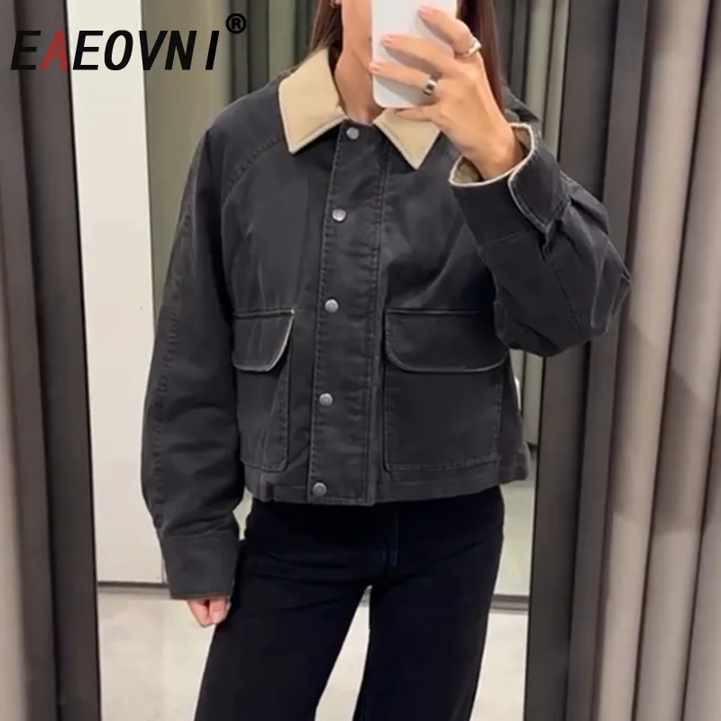 

EAEOVNI Vintage Pockets Short Jacket For Women Contrast Color Lapel Button Fashion Coat Streetwear 2025 Autumn New Clothing