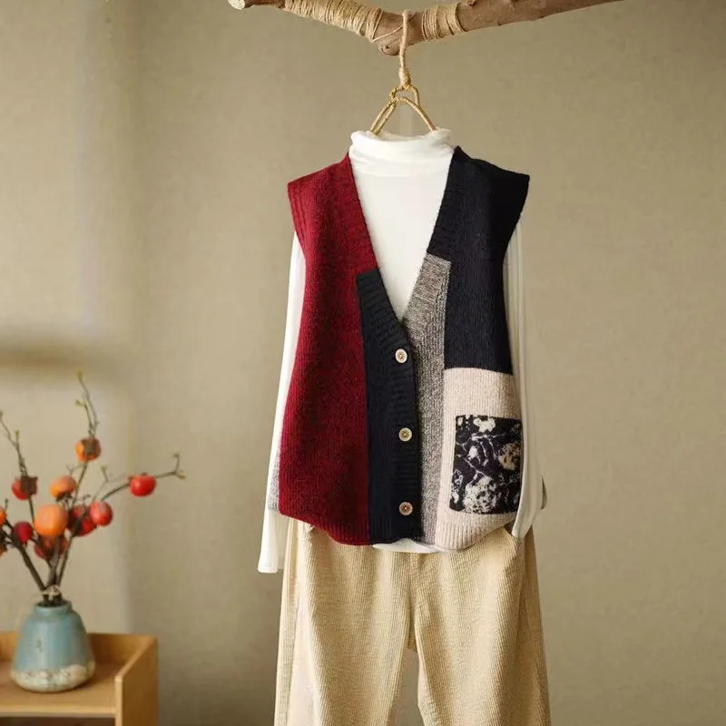 Women Retro Knitting Vest Patchwork Sleeveless Soft One Breasted Jackets Spring Autumn Female Casual All-match Knitted Sweater