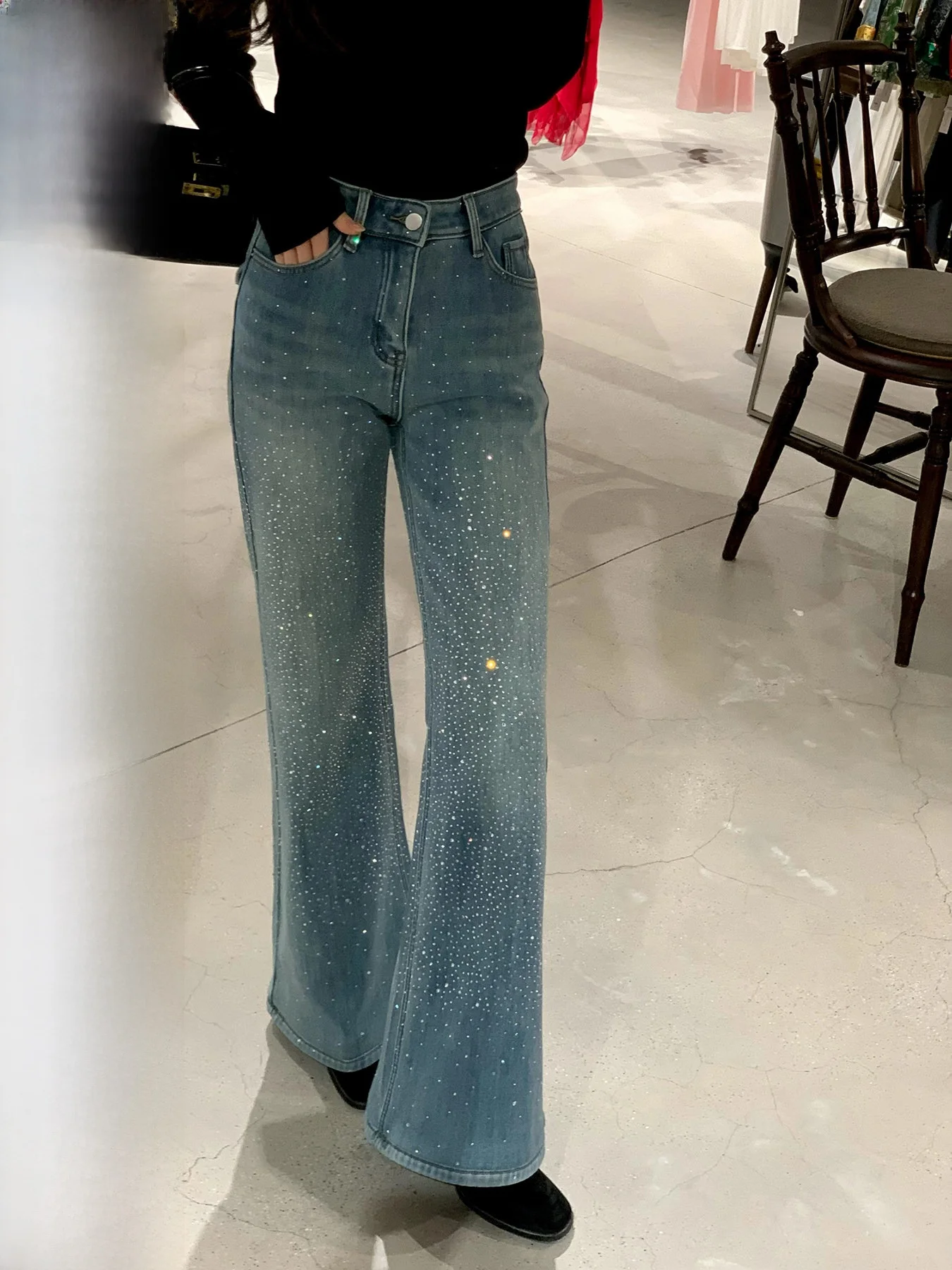 

High Waist Wide Leg Jeans Women's Loose Fit Spring Cotton Denim High Waist Washed Diamond Spring Ladies Loose Wide Leg Pants