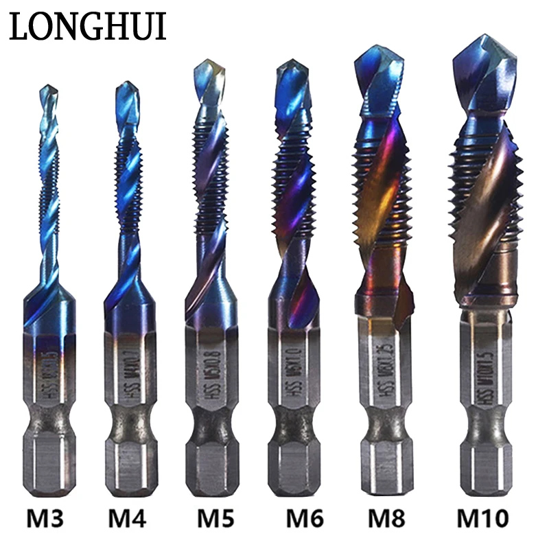 

6PCS Hex Shank Titanium Plated HSS Screw Thread Metric Tap Drill Bits Screw Machine Compound Tap M3 M4 M5 M6 M8 M10 Hand Tools