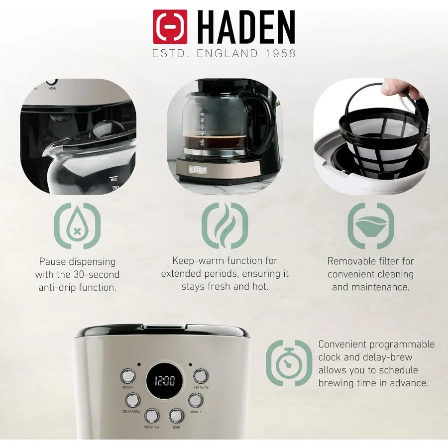 12 kopjes programmeerbaar druppelkoffiezetapparaat met geïntegreerde 2 sneden roestvrijstalen broodrooster met brede sleuf in stopverf en verchroomde afwerking voor Ho