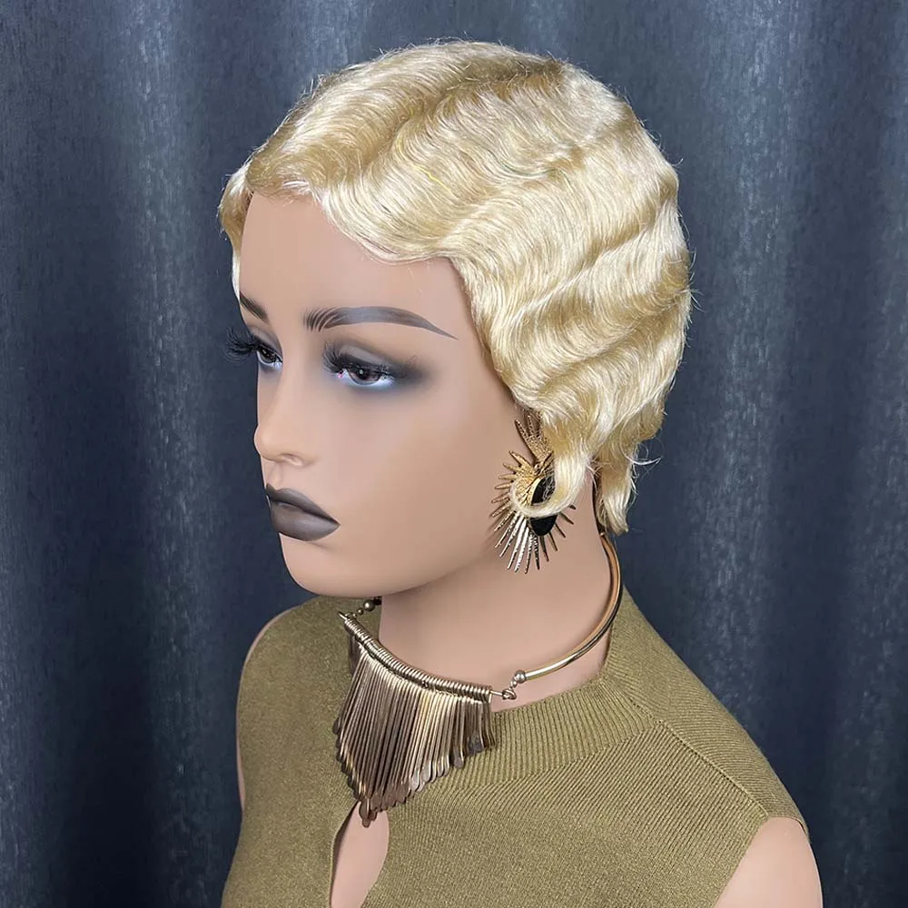 짧은 금발 픽시컷 가발, 핑거 오션 웨이브 가발, 흑인 여성용 인모, 기계 제작 짧은 레이어드 밥 가발