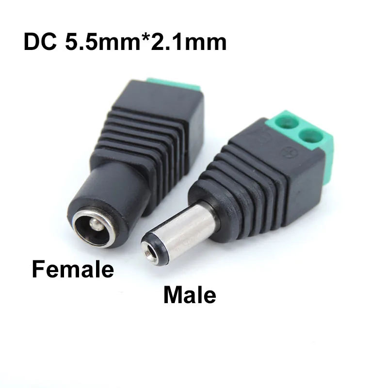 DC Feminino e Masculino Power Plug Adapter, Power Jack Adapter, Conector macho Plug para LED Strip, CCTV, câmeras soquete H2, 2,1 milímetros x 5,5 milímetros