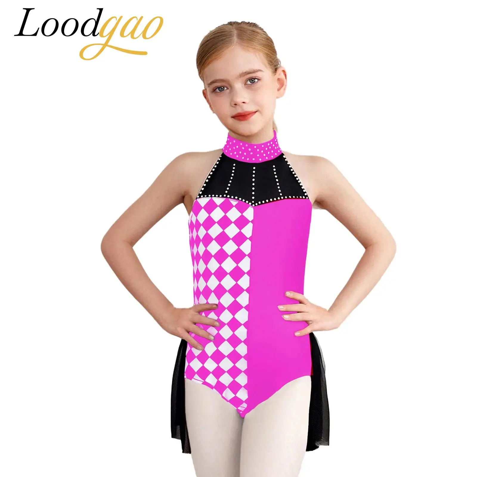 

Girls Clown Halloween Costume Leotard Kids Halter Jumpsuit Plaid Bodysuit Carnival Cosplay Movie Fancy Dress Up Party Outfit