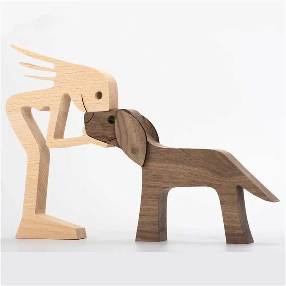 Cute Wood Dog Human Statue Craft Figurine Desktop Table Ornament Carving Model Home Room Decoration Pet Sculpture Christmas Gift