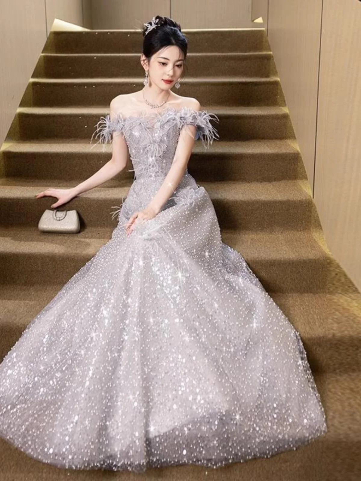 

Ele Evening Gown Women's High-End Lightweight ay One-oulder Feathers Flowers Birthday Host Banquet Aosphere Art Exam